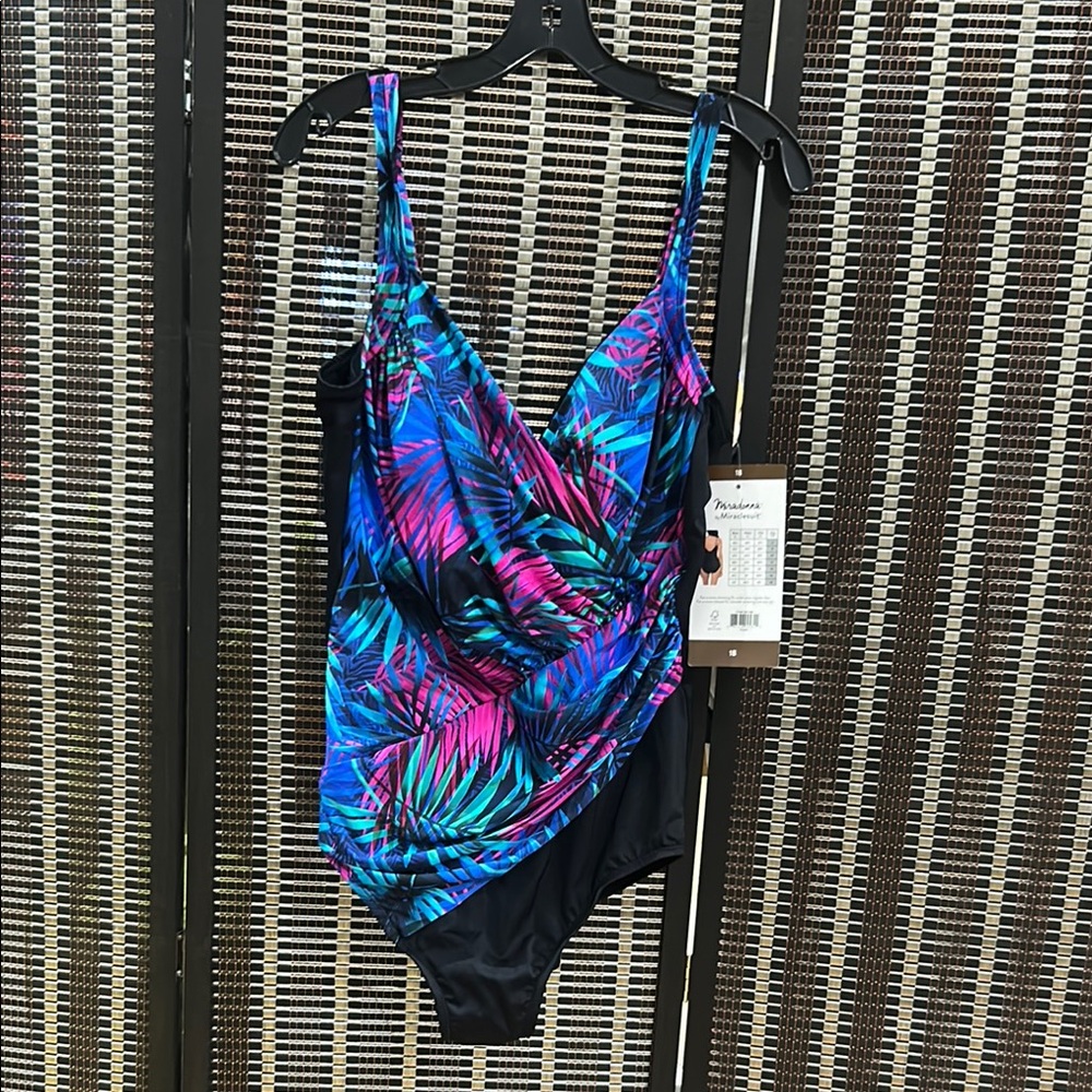 Miradonna by Miraclesuit Tropical Print Swimsuit in Blue and Pink